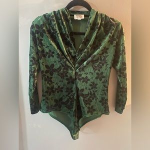 Unique Vintage Green Floral Velvet Friday Night Bodysuit